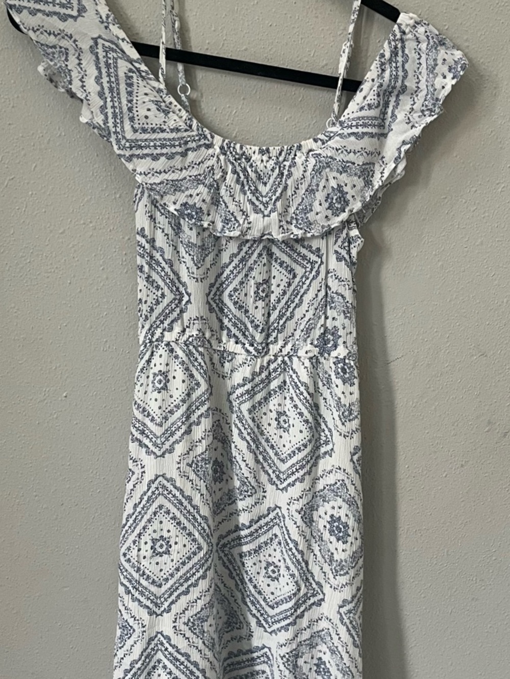 Off-Shoulder White Midi Dress with Blue Geometric Print